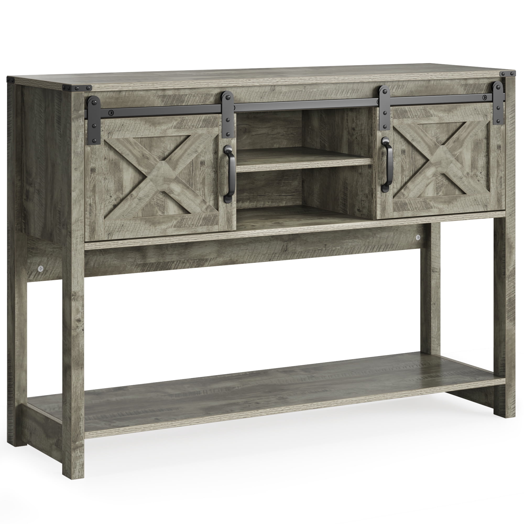 CozyHom Farmhouse Console Table with Storages&Shelves, Side Entryway Table With Sliding Barn Doors, Light Gray