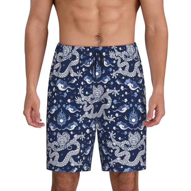Balery Dragon Pantalones cortos de pijama de punto de algodón para hombre con cinturilla y bolsillos-Large