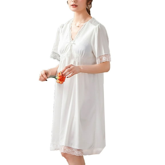 SWSMCLT Women's Satin Nightgown Soft Vintage Night Dress Comfy Vintage Lightweight Thin Fall Sleeping Summer Lace V Neck White Medium