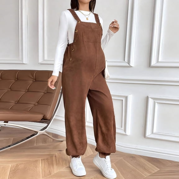 Fnooota Womens Maternity Jumpsuits, Loose Fit Adjustable Straps Casual Wide Leg Pregnancy Overalls Brown Size S-XL
