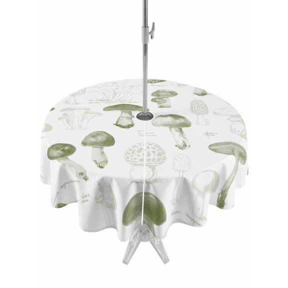 Outdoor Table Cloth with Umbrella Hole and Zipper, Sage Green Mushroom Waterproof Round Tablecloth 54 Inch, Vintage Botanical Autumn Farmhouse Washable Table Cover for Outside Party Patio Picnic