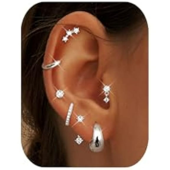 ZCBESTEEL Small Stud Hoop Earrings for Women - 7 Pairs Hypoallergenic 14K Gold Plated Huggie Earring Sets for Multiple Piercing Dainty Earring Stacks Cute Silver Cartilage Jewelry Trendy Gifts