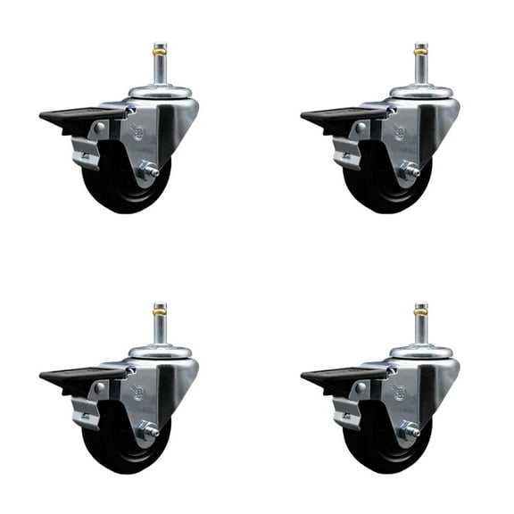 3 Inch Hard Rubber Wheel Swivel 7/16 Inch Grip Ring Stem Caster Set with Brake