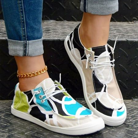 

Women‘s Geometric Print Canvas Shoes Colorblock Low Top Lace Up Round Toe Casual Shoes Women‘s Comfy Flat Shoes
