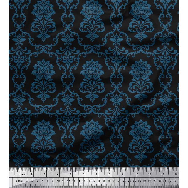 Soimoi Black polyester Crepe Fabric Floral Damask Printed Fabric 1 Yard 52 Inch Wide