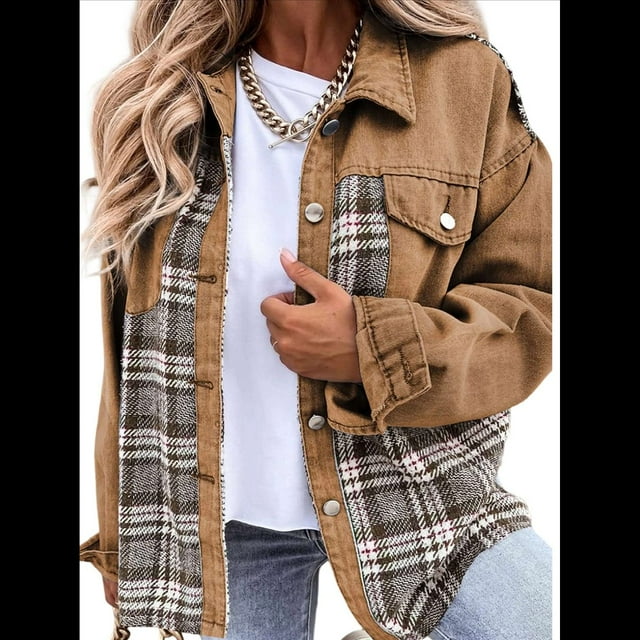 Chaqueta Vaquera Estilo Boyfriend, Informal, de Larga, con Botones y Bolsillos, para Mujer Caqui Oscuro L
