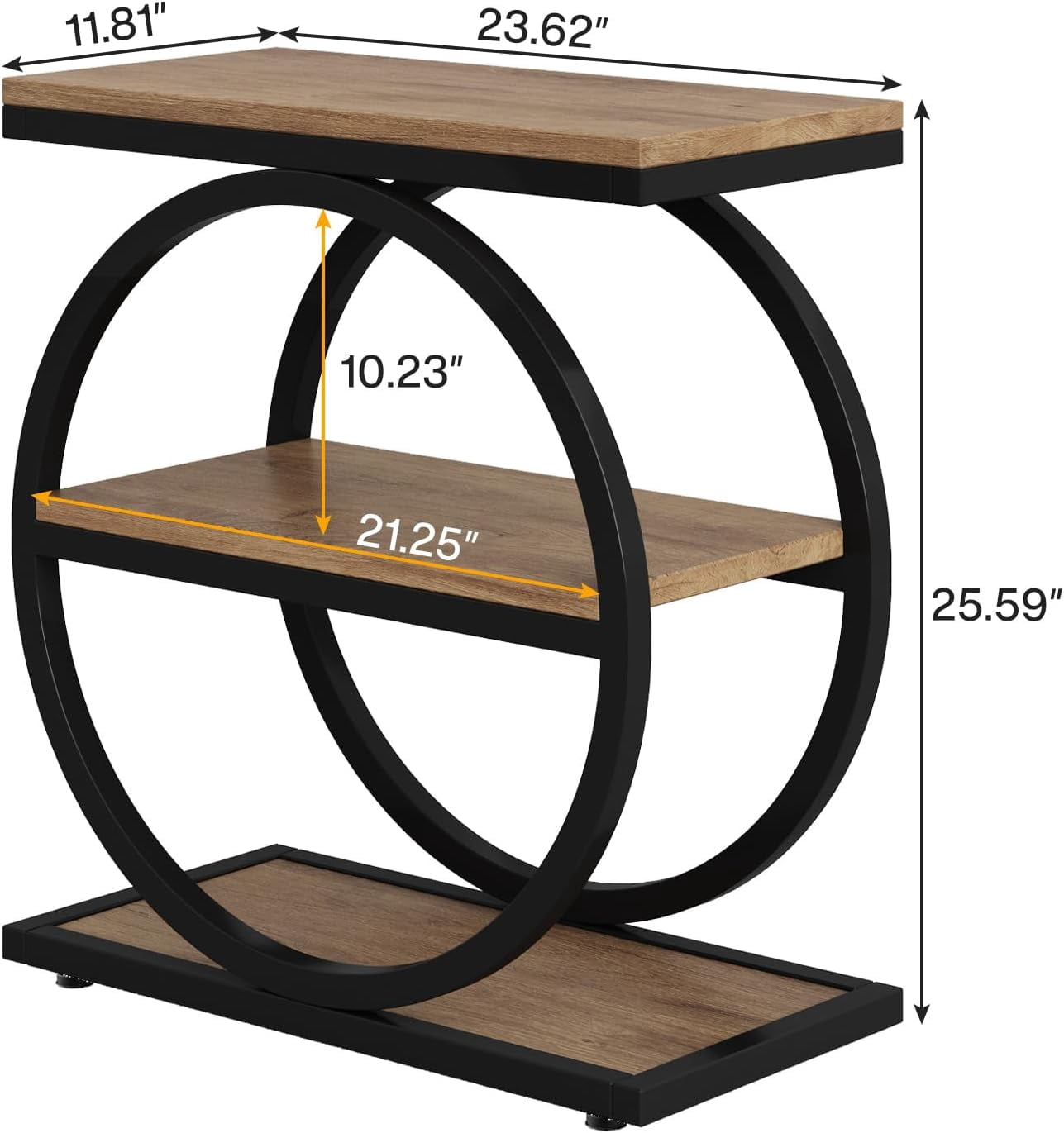 Tribesigns End Table, Wood Side Table with Black Metal Frames, Narrow End Table with 3 Storage Shelves for Living Room