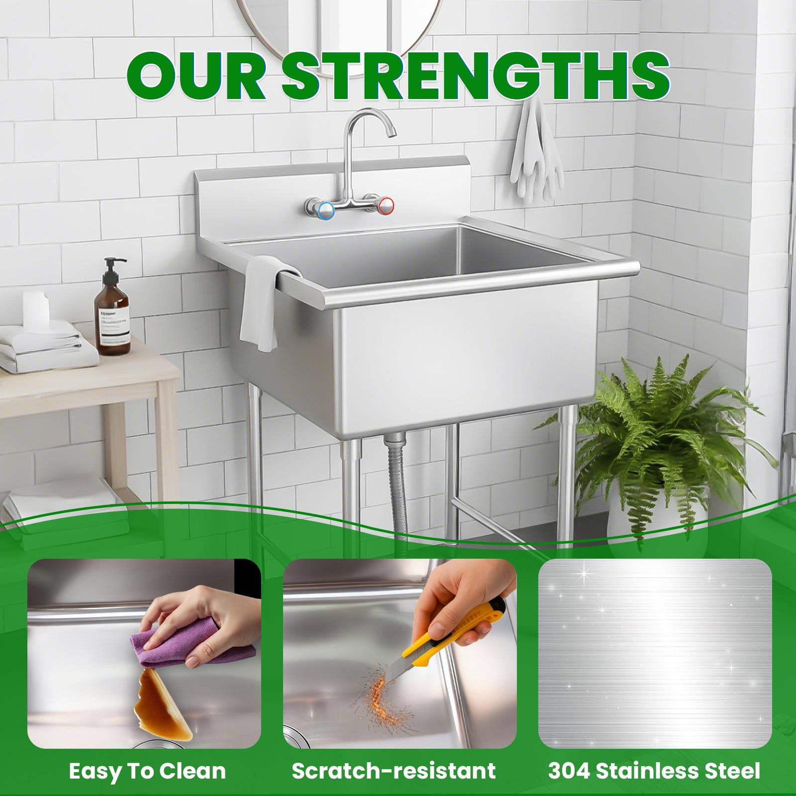 27 Inch Stainless Steel Freestanding Single Bowl, Kitchen Utility Sink Washing Hand Basin Utility Sink Laundry Sink Cleaning Sink with 360°Rotate Faucet for Kitchen, Outdoor & Restaurant