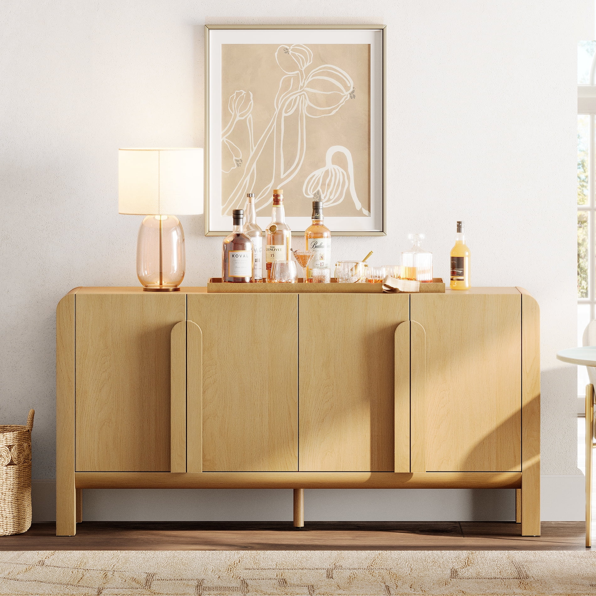 63" Accent Cabinet with 4 Doors and Adjustable Shelves, Modern Credenza Storage Cabinet with Curved Profile Design for Living Room, Kitchen, Dining Room, Hallway