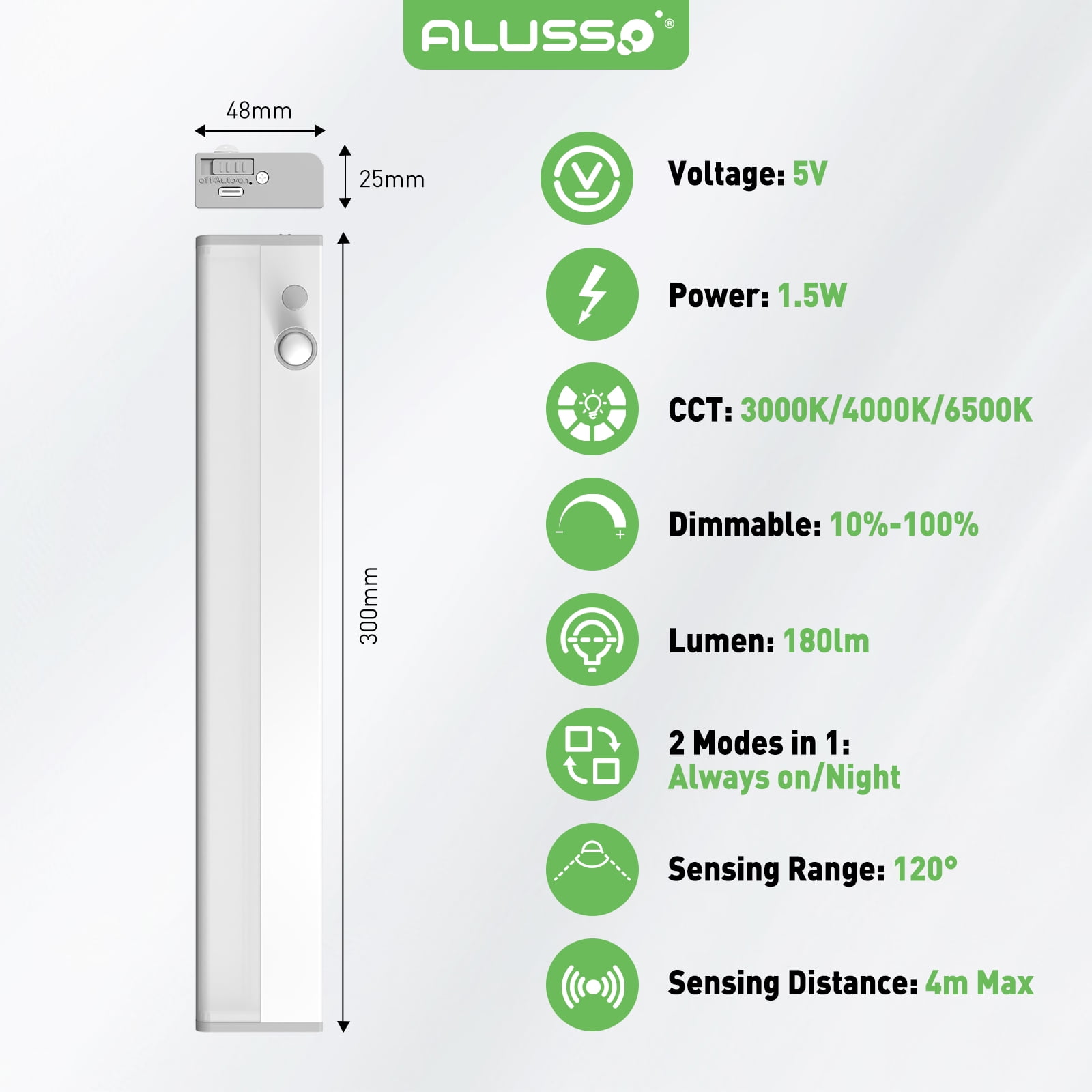 ALUSSO 30cm LED Cabinet Lighting with Motion Sensor, 3000/4000/6500K 3CCT&Dimmable, USB Rechargeable Night Light for Stairs, Bedroom, Kitchen, 2 Pack