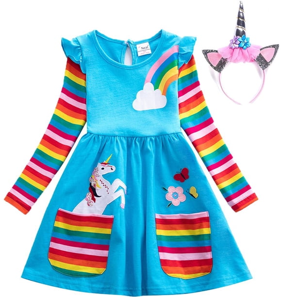 Navidad niñas unicornio mariposa bordado Arco Iris manga larga vestido primavera otoño disfraz con bolsillo cumpleaños fiesta Clothes4-5Y Gao Jinjia LED