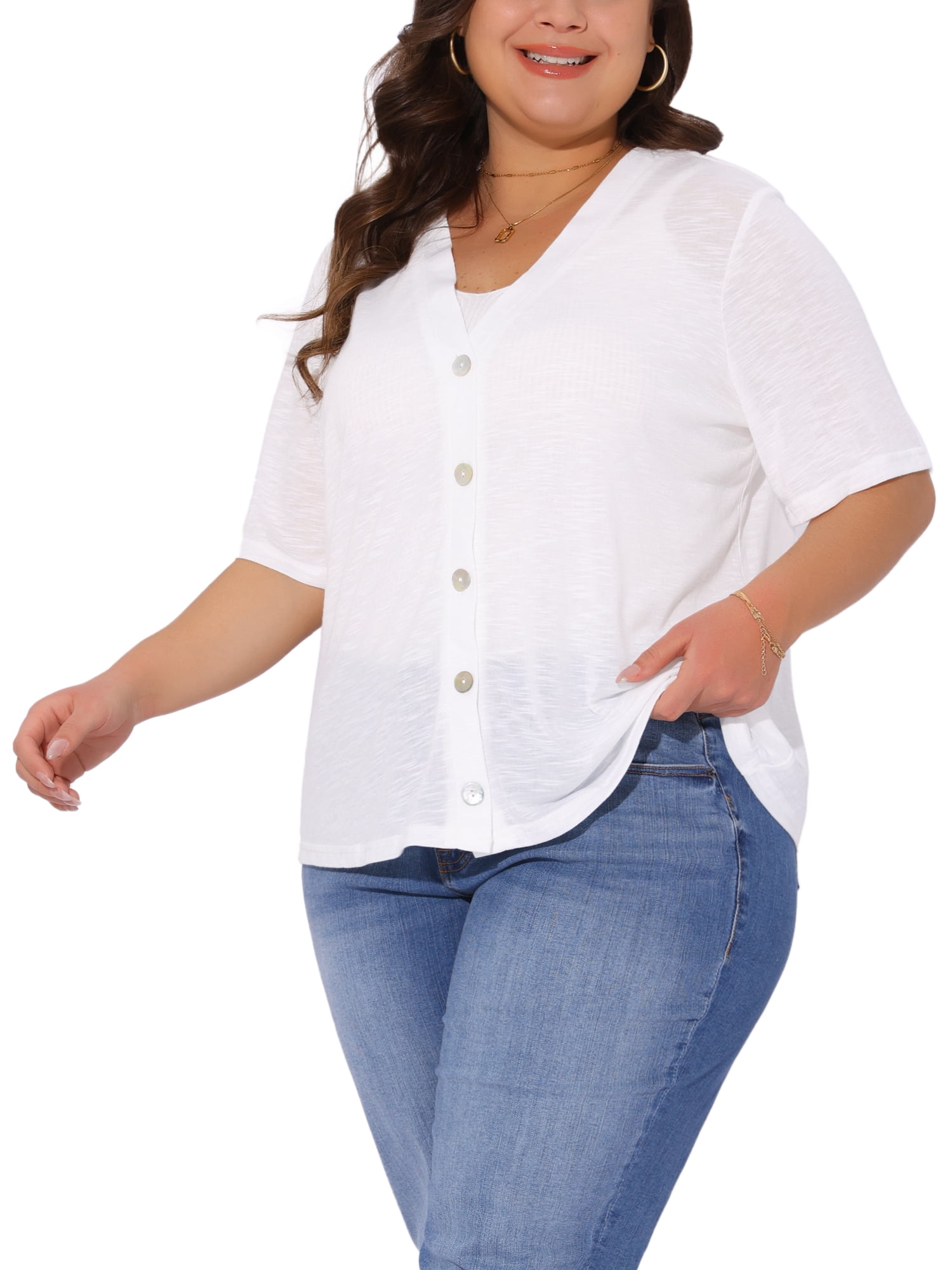 DARING DIVA Women's Plus Button Down Sheer Knitted Sweater 4X White