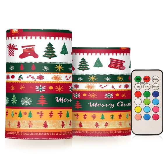 2 PCS Flameless Candles with Remote Timer LED Battery Operated Flickering Candle Light for Wedding Table Home Decoration Gifts Christmas-themed Colorful Stripes