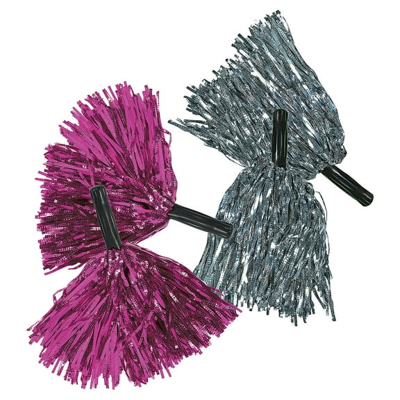 Fun Express 10" Metallic Pink & Silver Team Spirit Cheer Foil Pom-Poms - 24 Pieces