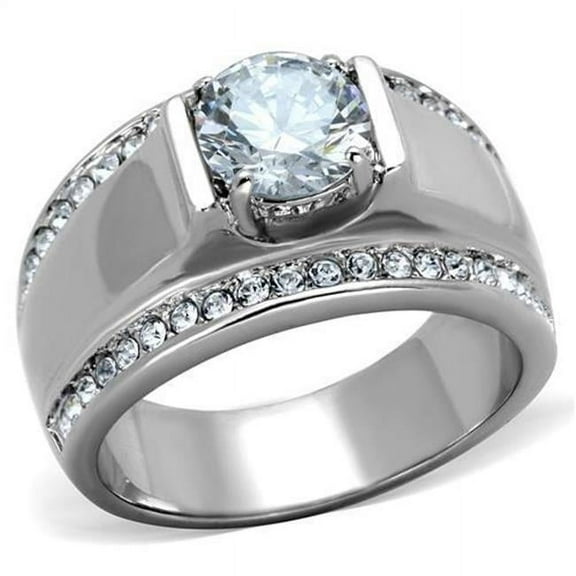 Men High Polished Stainless Steel Ring with AAA Grade CZ in Clear - Size 8
