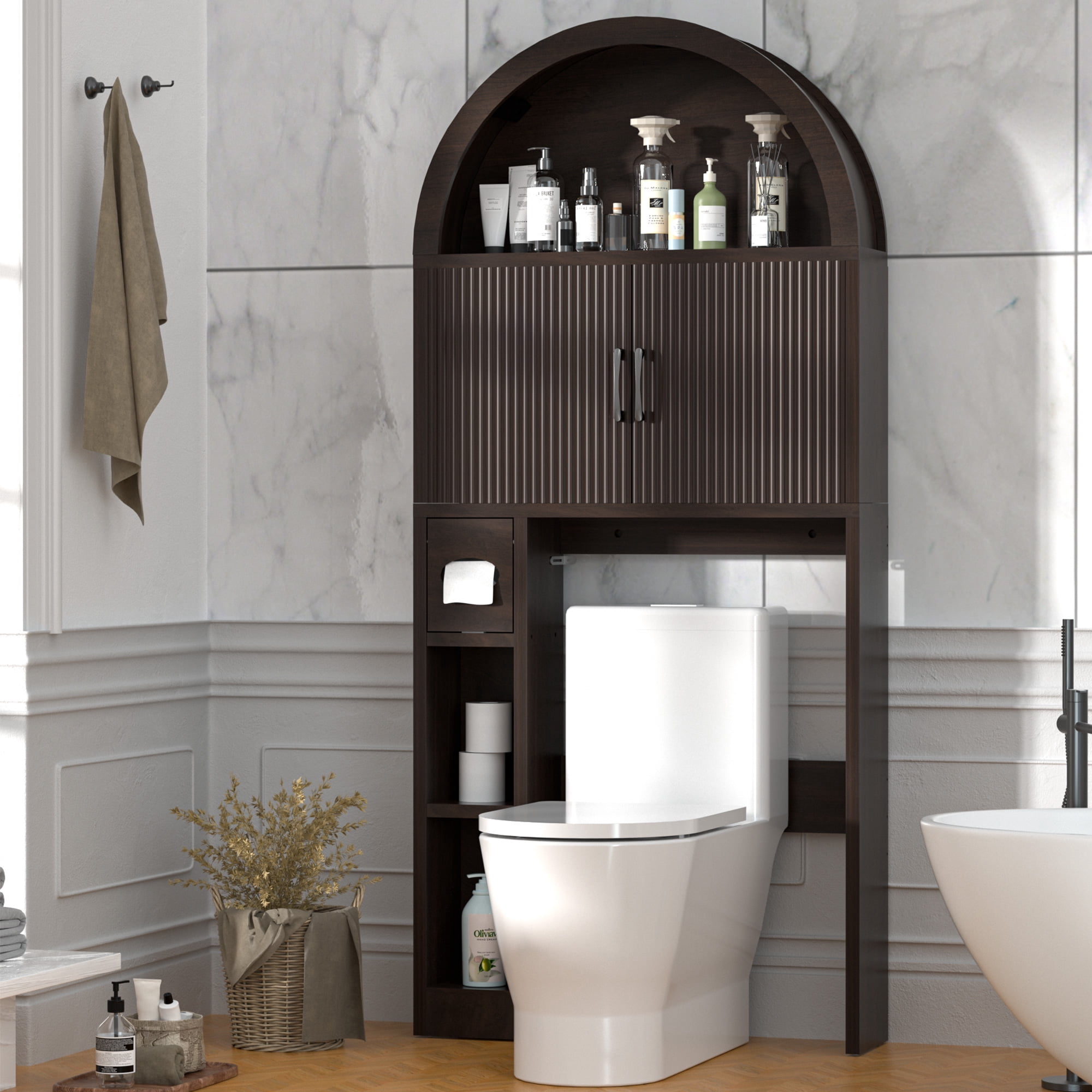 HARIPUL Over The Toilet Storage Cabinet w/ Unique Wood Grain & Arc Design, Freestanding Bathroom Shelf Organizer Space Saver w/ Doors & Anti-Tip Device, Coffee Color