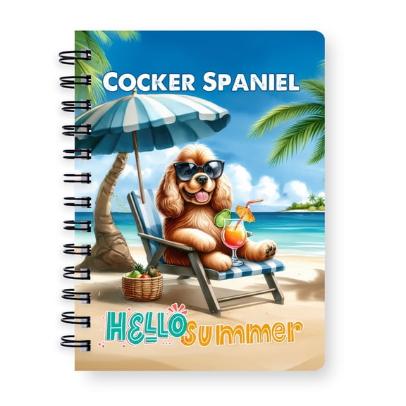 Cocker Spaniel Hello Summer Beach Theme with Sunglasses and Tropical Cocktail Spiral Bound Journal Cockers Dog Lover Gifts 5x7in Spiral Notebook - 00009