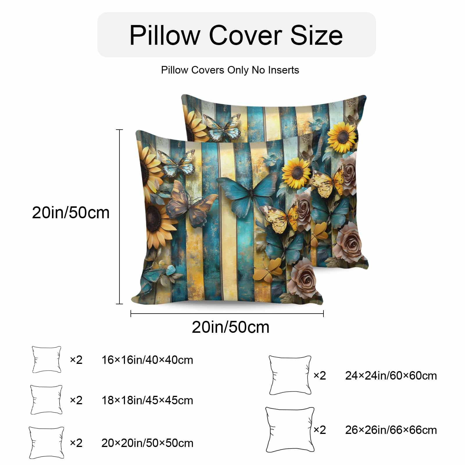 Outdoor Throw Pillows Covers 18X18 Set of 2 Waterproof Vintage Decorative Zippered Cushion Covers for Patio Furniture, Butterfly Sunflower Rose Striped Lumbar Pillowcases Yellow Blue