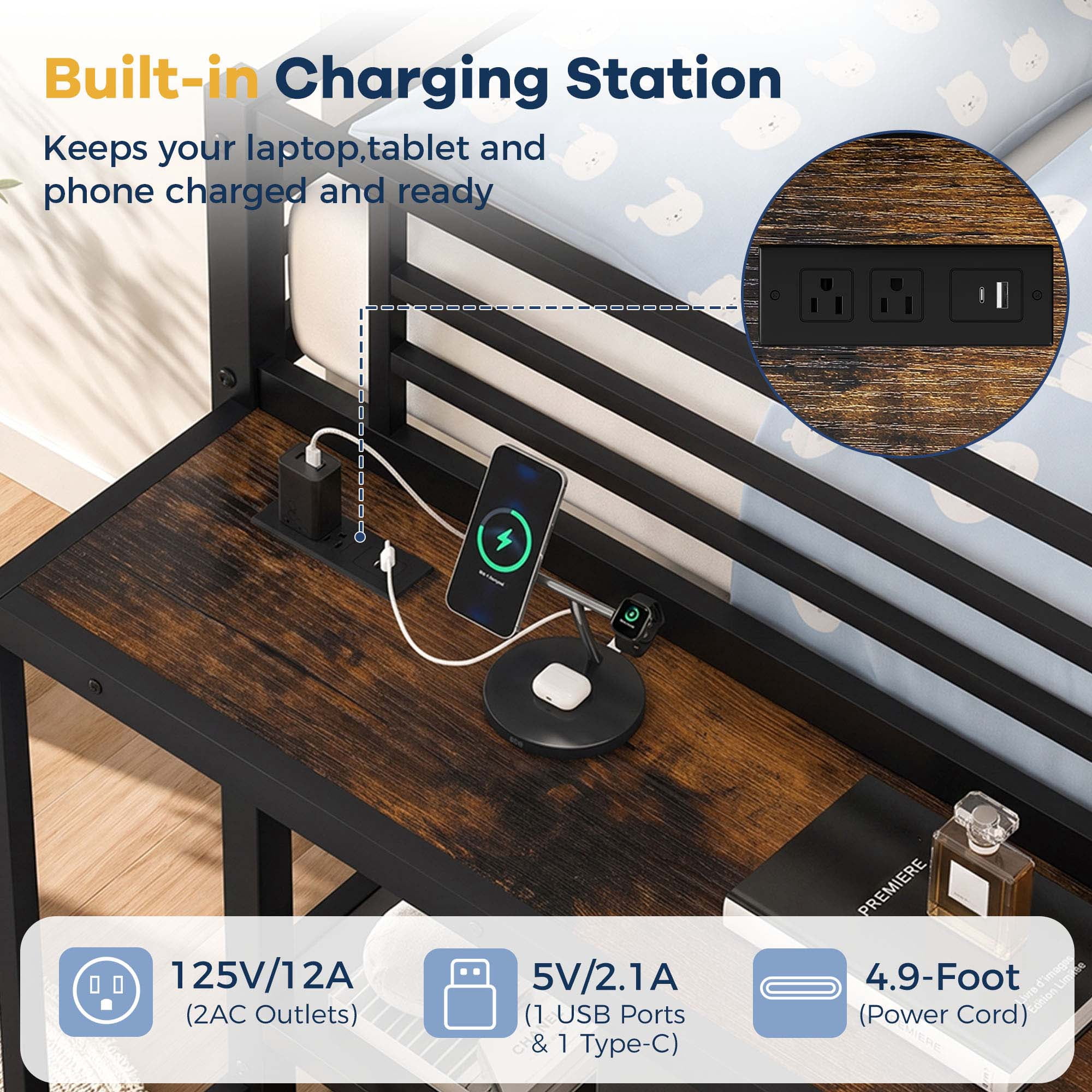 Miniyam Full Size Metal Low Loft Bed with Desk and 3 Drawers, Charging Station and Wide Steps, Black
