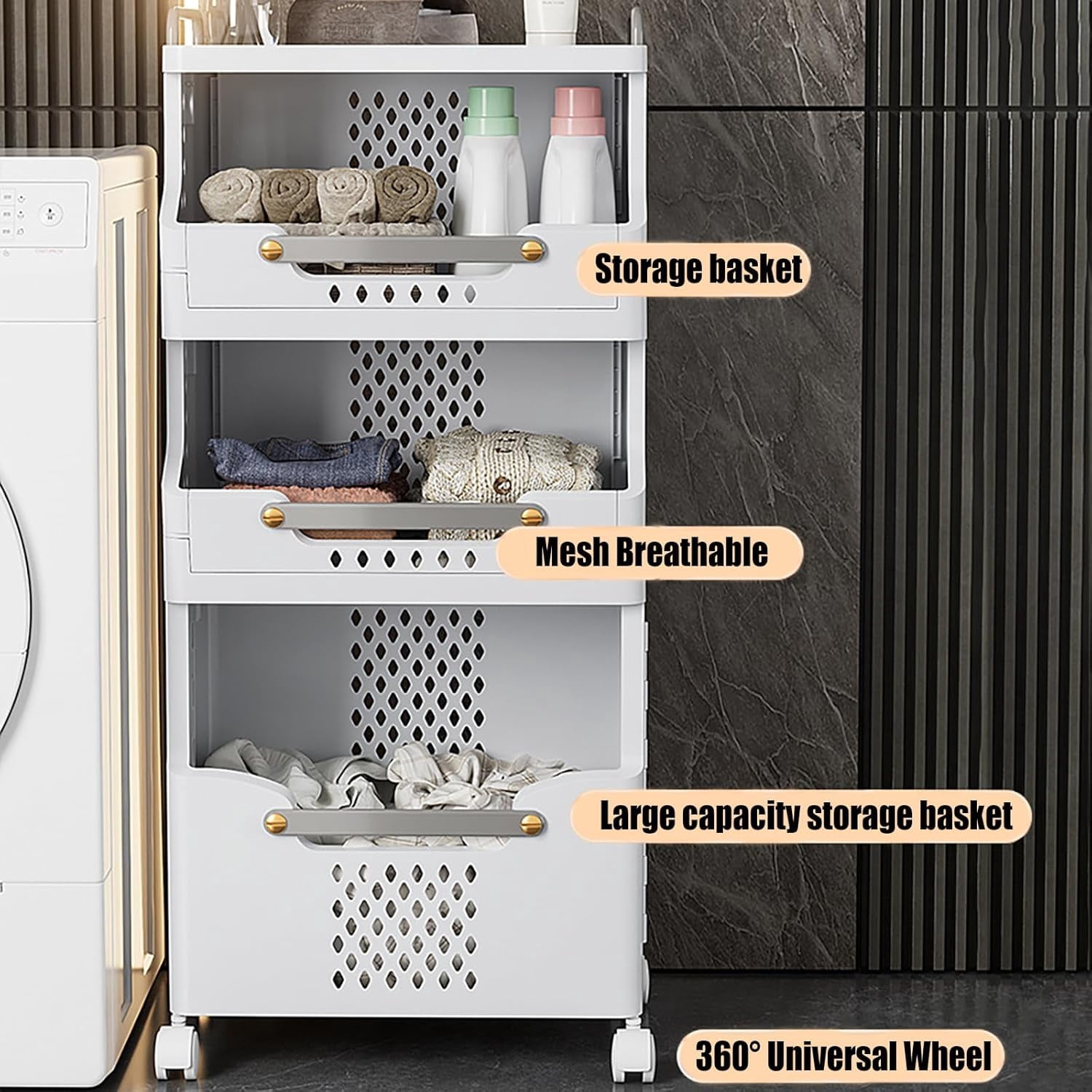 Laundry Basket Hamper with Wheels 3-Tier Foldable with Handle Space-Saving Storage Dirty Clothes Organizer Bin Multi-function Container Waterproof