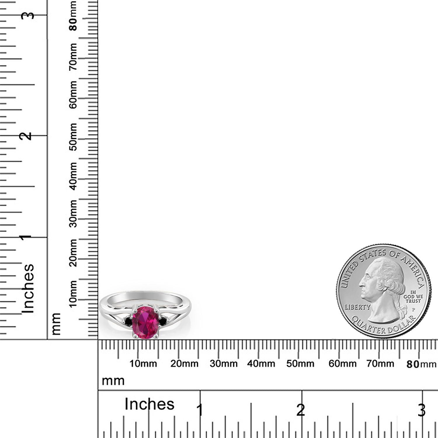 Gem Stone King 925 Sterling Silver Red Created Ruby and Black Diamond 3 Stone Engagement Ring for Women | 1.22 Cttw | Oval 8X6MM | Round 2MM | Gemstone July Birthstone | Size 5