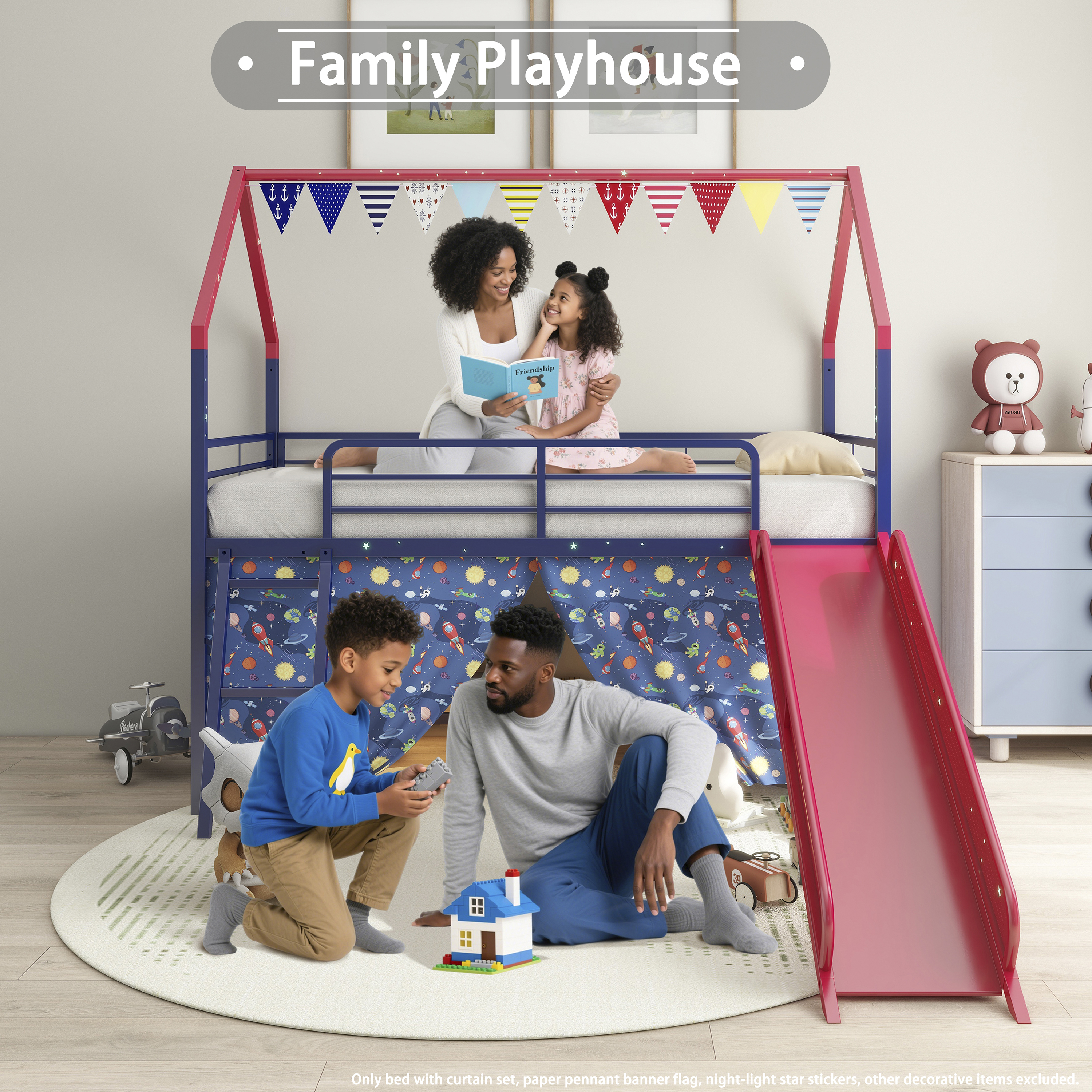 Miniyam Kids Twin Loft Bed with Slide and Curtain, House-Shaped Metal Frame Bunk with Guardrails, Ladder, Red