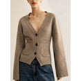 thumbnail image 4 of Womens Deep V Neck Cardigan Sweaters Open Front Long Sleeve Cropped Knit Coats with Pockets Camel Color S, 4 of 10