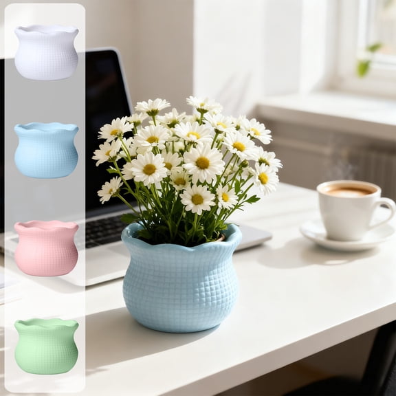 Fufafayo 4Pcs Mini Flower Pots For Succulents, Plastic Indoor And Outdoor Plants Pots, Crocheted Patterned Fuzzy Stick Ornaments For Desk Shelf Decor, Small Decorative Planter For Home Office Garden