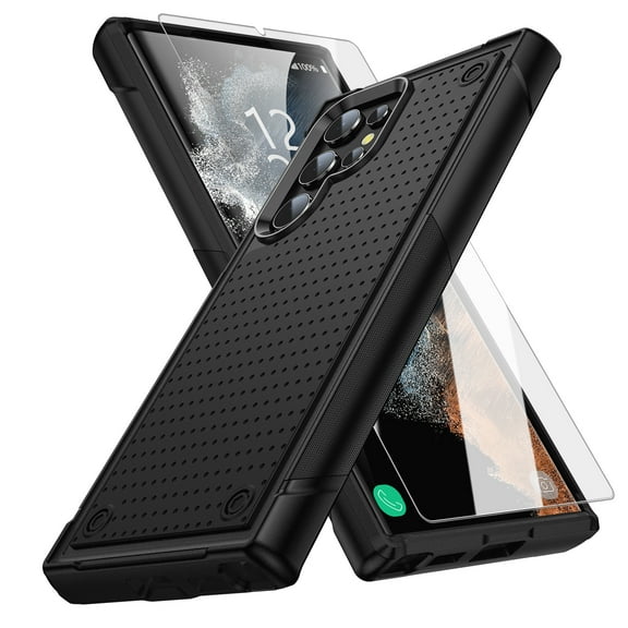 Dteck for Samsung Galaxy S25 Ultra Case with Glass Screen Protector, Militay Grade Drop Protective Rugged Heavy Duty Cover Shockproof Case for Women Men boy Girl, Black