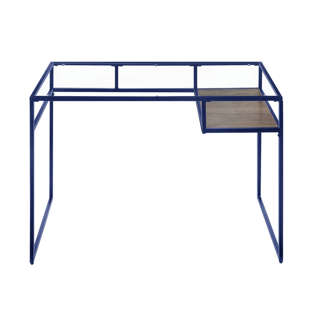 Irene Inevent Computer Desk Glass Top Study Table with Storage Shelf Metal Frame Rectangular