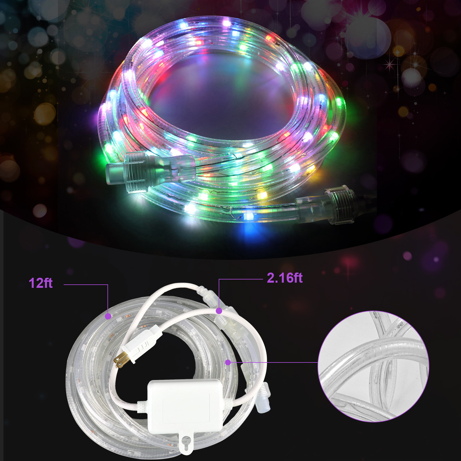 Pinegreen Lighting CL-TRL12RGB 12 ft. Plug-in LED RGB Color Changing Rope Light with Remote Control