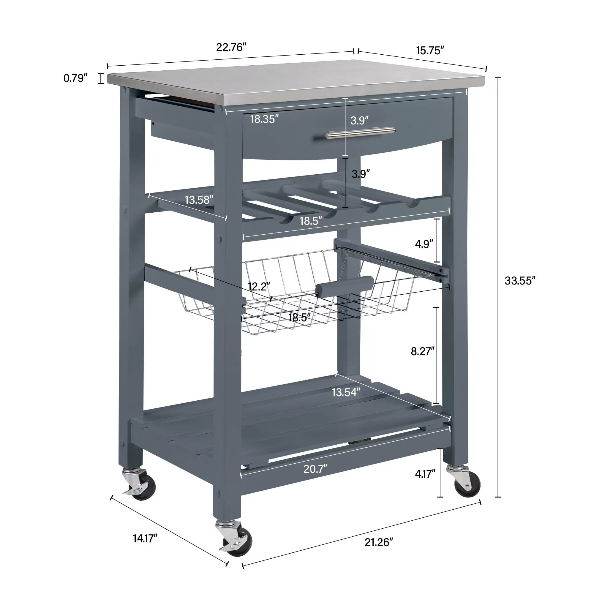 Avobird Kitchen Island Cart, Mobile Kitchen Cart with 22inch Stainless Steel Countertop/Underneath Drawer/Slide-Out Wire Storage Basket, Gray