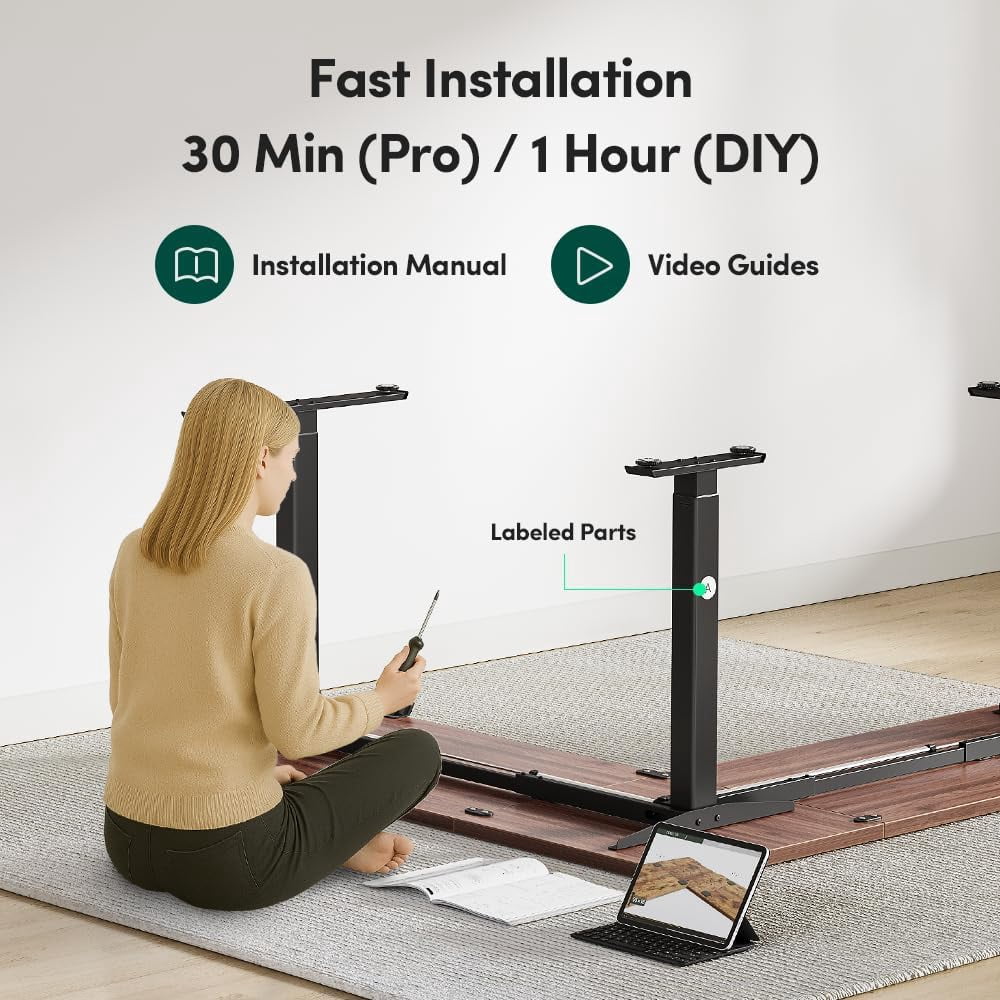 DESINO Standing Desk, 75” Adjustable L Shaped Standing Desk, Electric Height Adjustable Computer Desk, Black Walnat
