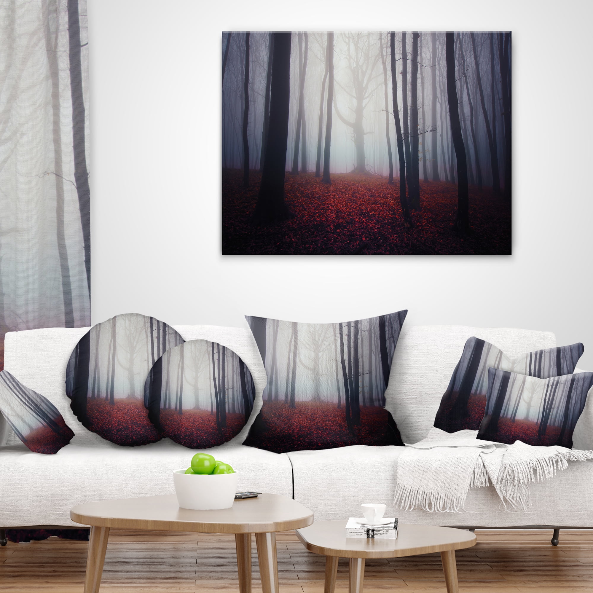 Designart Dark Spooky Misty Forest - Landscape Photo Throw Pillow - 12x20