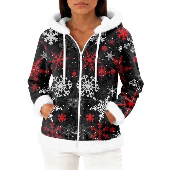 Women's Casual Fashion Long-Sleeved Zip-Up Fleece Hooded Cardigan with Christmas Snowflake Print for Women's Casual Fashion and Apparel,Black,L