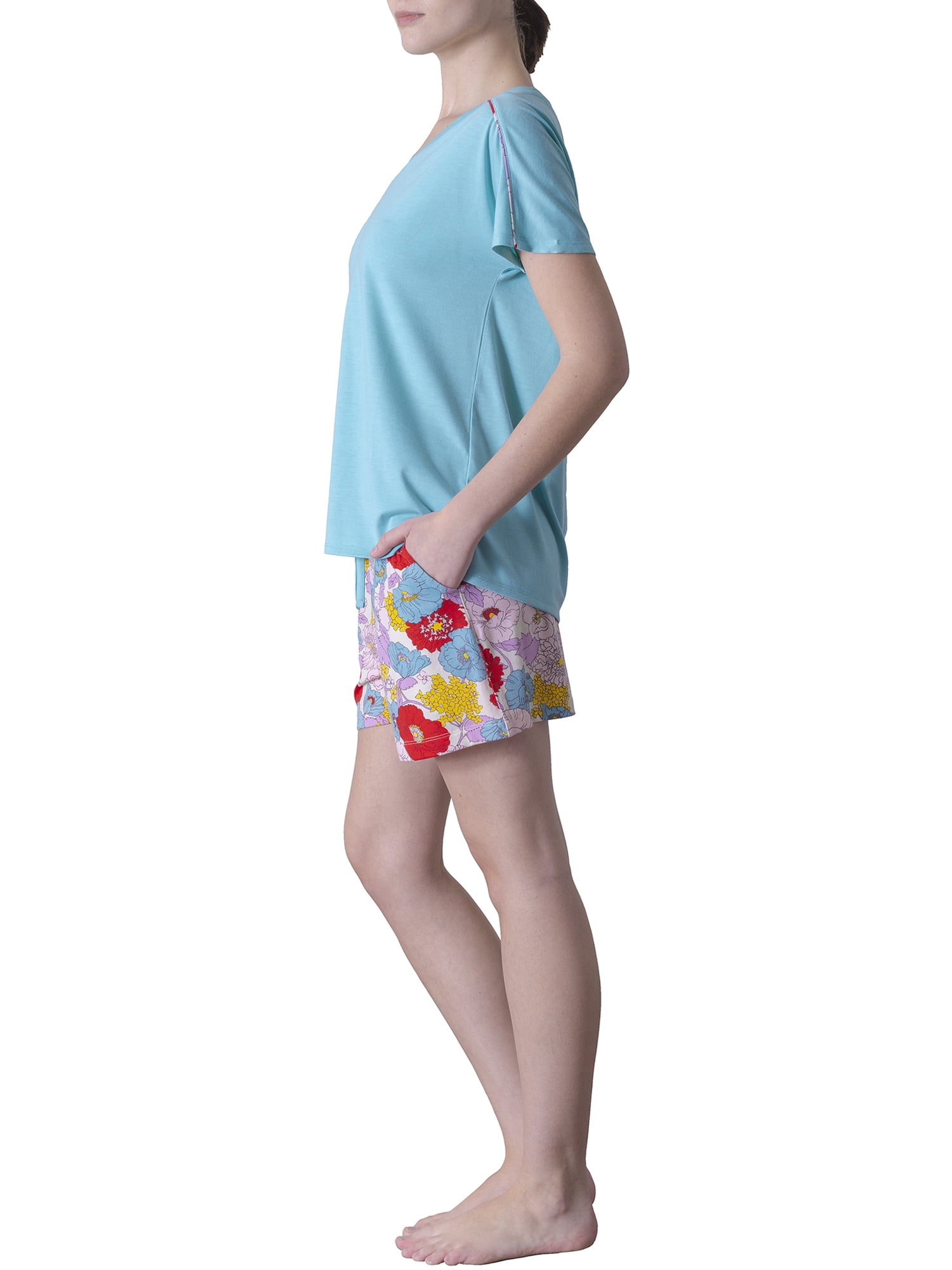 Natori XL V-Neck/Easy Care/Polyester 2pc Pajama Set, Green/Floral Print