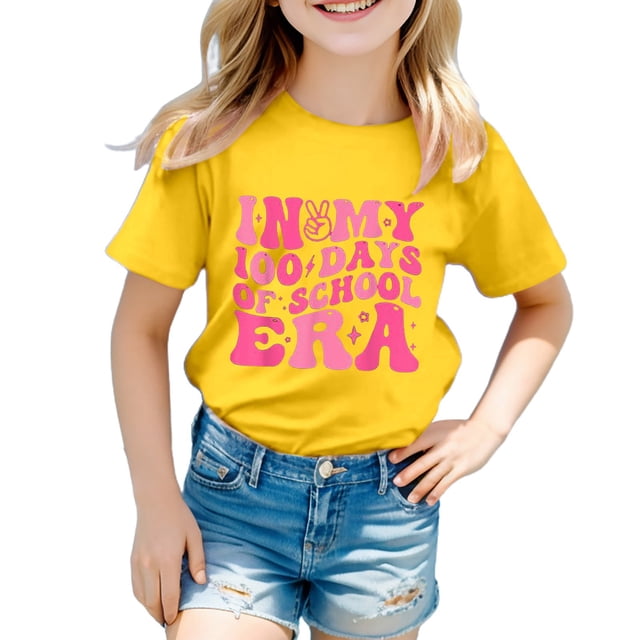 B91xZ Hauts Unis pour Filles T-Shirt Graphique Col Rond à Manches Courtes, Jaune 110