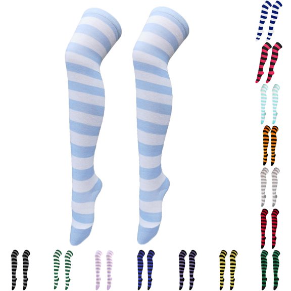 Uvwlwu Women's Striped Over The Knee Stockings Soft Stretchy Knit Hosiery for Holiday Cosplay Themed Party Skirt Outfit Festival Dress Up,Light Blue,One Size