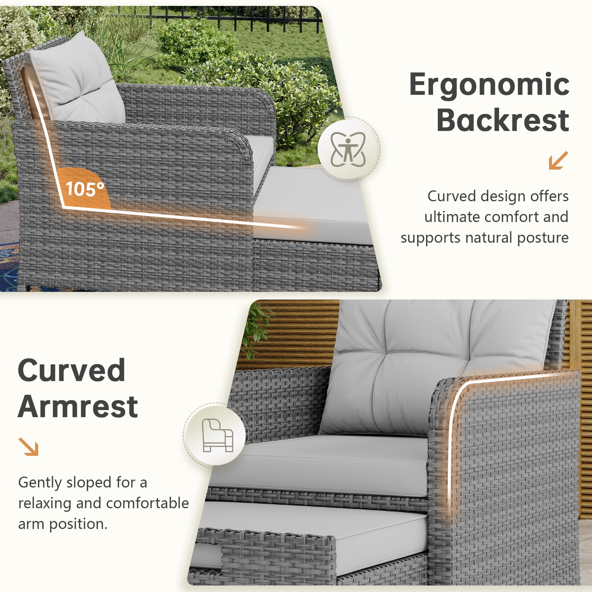 LHBcraft Balcony Furniture 5 Piece Patio Conversation Set, PE Wicker Rattan Outdoor Lounge Chairs with Soft Cushions 2 Ottoman&Glass Table for Porch.