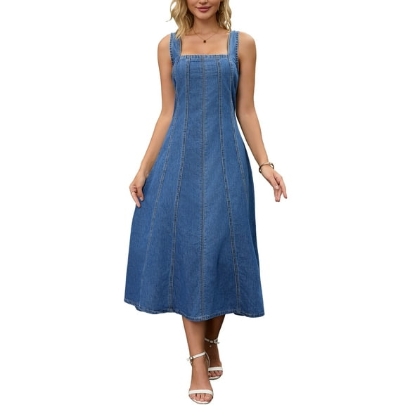 Women's Sleeveless Denim Dresses Square Neck Stretch Raw Hem Jean Maxi Dress S Blue