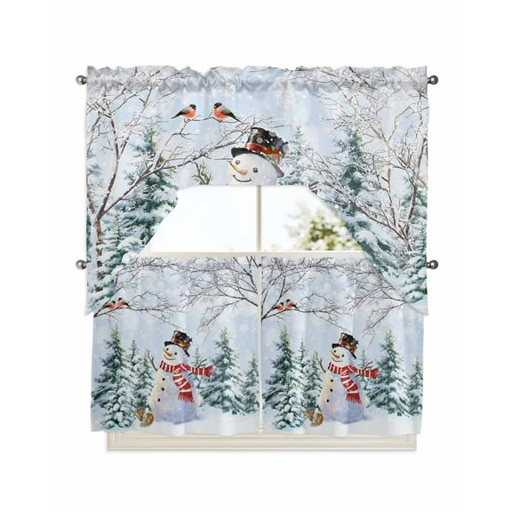 Snowman Christmas Kitchen Curtains Swag Valance and Tier Curtains Set 24 Inch Length, Xmas Tree Branches Snowflake Birds Winter Rod Pocket Drape Panels Pair Swag Curtains for Bathroom/Cafe/Window