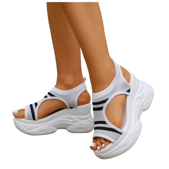 Women's Lightweight Knit Platform Wedge Sandals Hollow Out Breathable Walking Shoes Comfortable Non Slip Slingback Slides White Size 9.5