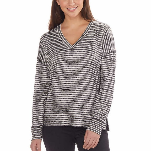 Kirkland Signature Womens Long Sleeve V-neck Top,Black Stripe,2XL