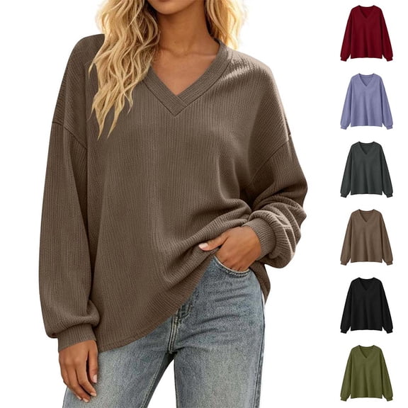 Otvok Winter Women Waffle Knit Top, V‑Neck Drop‑Shoulder Long Sleeve Loose Casual Pullover Shirt