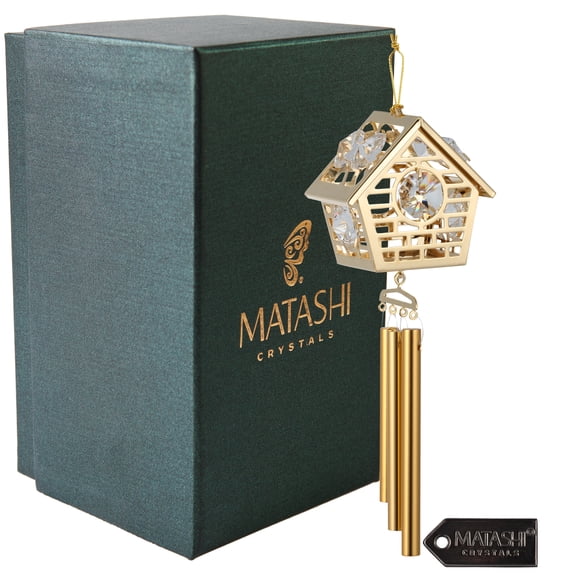 Matashi 24K Gold Plated Crystal Studded Bird House Decorative Wind Chime