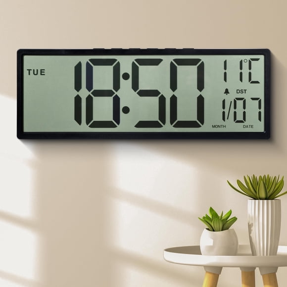 LEIKE Grande Horloge Murale Numérique 15 Pouces à Piles, Grand Écran LCD avec Date et Heure, DST Automatique, Température, Décoration d'Horloge