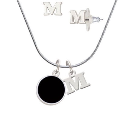 Small Black Enamel Disc – M Initial Charm Necklace and Stud Earrings Jewelry Set