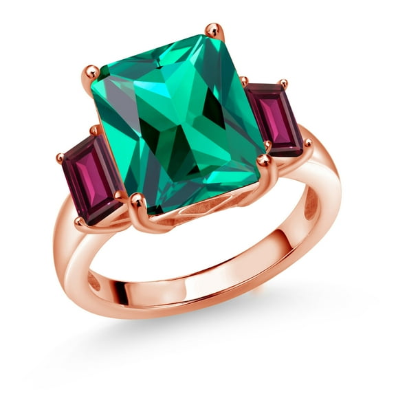 Gem Stone King 6.94 Ct Green Nano Emerald Red Rhodolite Garnet 18K Rose Gold Plated Silver 3-Stone Ring (Size 8)