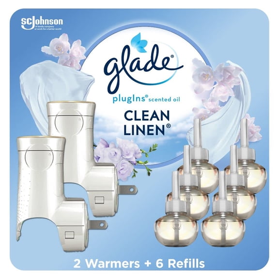 Glade PlugIns Air Freshener Starter Kit, Scented and Essential Oils for Home and Bathroom, Clean Linen, 4.02 Fl Oz, 2 Warmers and 6 Refills