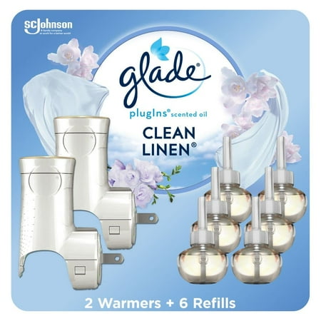Glade PlugIns Air Freshener Starter Kit Scented and Essential Oils for Home and Bathroom Clean Linen 4.02 Fl Oz 2 Warmers and 6 Refills